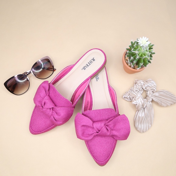 Magenta Pink Slip On Pointed Loafer Flats W/ Bow - Picture 2 of 5